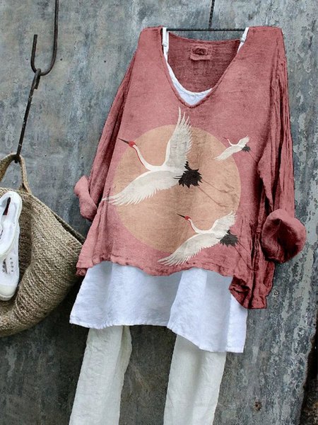

Vintage Animal Art Print V Neck Long Sleeve Comfy T-shirt, Red, T-shirts