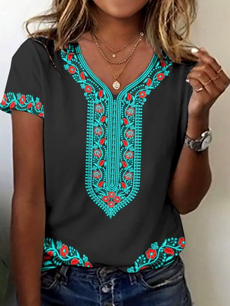 

Casual Floral V Neck Short Sleeve T-shirt, Deep gray, T-shirts