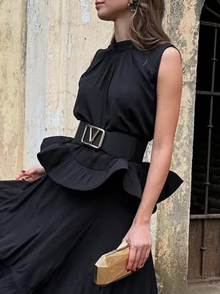 

Urban Plain Peplum Crew Neck Tank Top No Belt, Black, Tanks and Camis