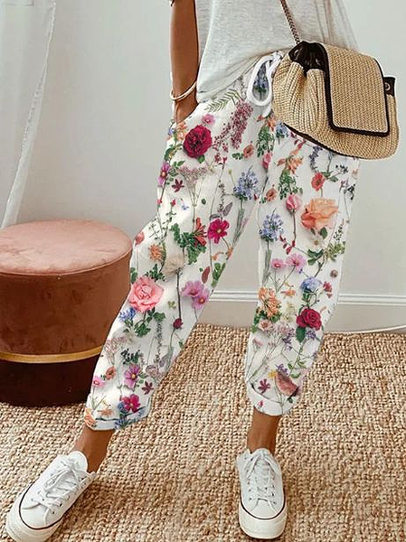 

Casual Floral Long Printing Pant, White, Pants