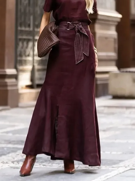 

Elegant Slit Plain Maxi Skirt With Belt, Wine red, Skirts