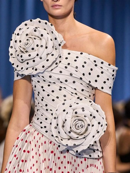 

Elegant Polka Dots Asymmetrical Blouse With Removable 3D Floral, Black-white, Blouses and Shirts