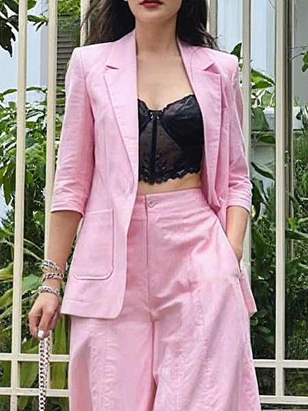 

Linen blend Urban Plain Lapel Collar Blazer, Pink, Blazers
