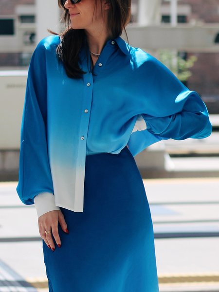 

Satin Urban Ombre Printing Shirt Collar Shirt, Blue, Blouses and Shirts