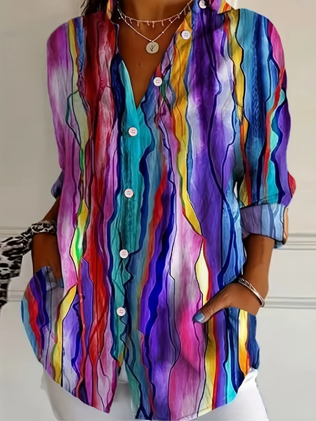 

Women Abstract Long Sleeve Shirt Spring/Fall Buckle Shirt Collar Daily Casual Top, As picture, Shirts