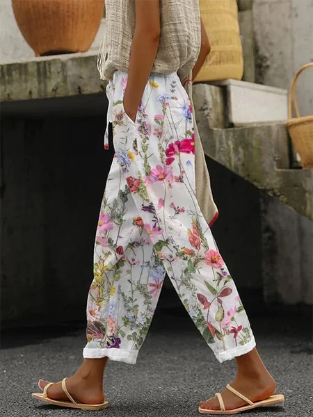 Women Floral Long Pant Casual Spring/Fall Trousers, White, Pants