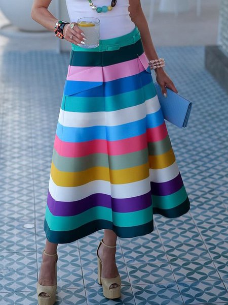 

Elegant Printing Striped Maxi Skirt With Belt, As picture, Skirts