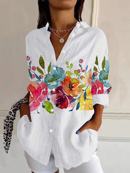 

Women's Long Sleeve Shirt Spring/Fall White Floral Buckle Shirt Collar Daily Going Out Casual Top, Blouses & Shirts