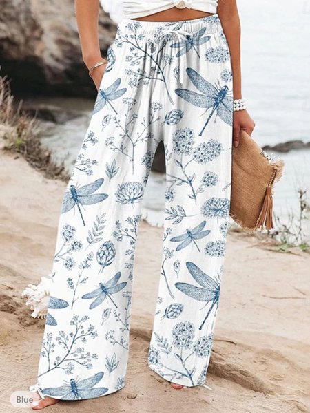 

Casual Floral Long Printing Pant, Blue, Pants