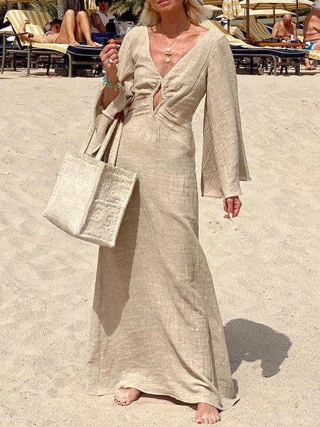 

Vacation Plain Bell Sleeve Hollow Out V Neck Maxi Dress, As picture, Maxi Dresses
