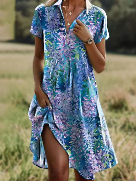 

Women Floral Short Sleeve Summer Dress Shirt Collar Daily Casual Midi A-Line Dress, Blue, Dresses