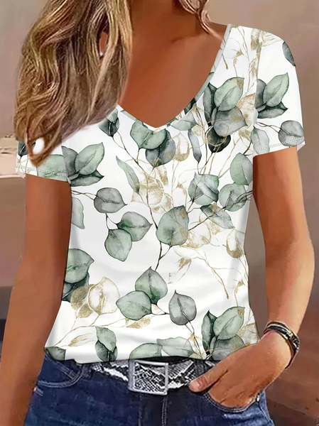 

Women Floral Short Sleeve Tee T-shirt V Neck Printing Casual Summer Graphic Tee Top, White, T-Shirts