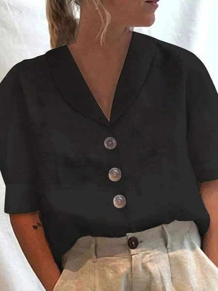 

Shawl Collar Short Sleeve Contrast Stitching Buttoned Regular Loose TUNIC Blouse For Women, Black, Blouses