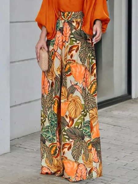 

Elegant Floral Wide Leg Pants, Orange, Pants