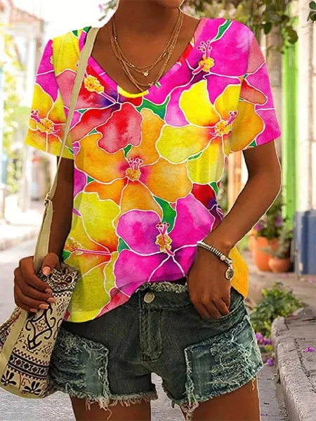 

Women Floral Short Sleeve Tee T-shirt V Neck Printing Casual Summer Graphic Tee Top, As picture, T-Shirts