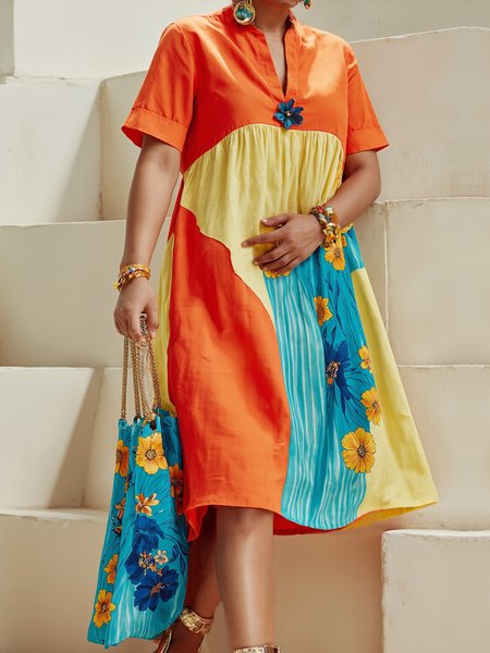

Urban Floral Printing V Neck Knee Length Dress With Brooch, As picture, Midi Dresses