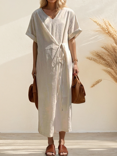 

STYLE WE x CHILLINEN |Linen Plain Crew Neck Maxi Dress, White, Midi Dresses
