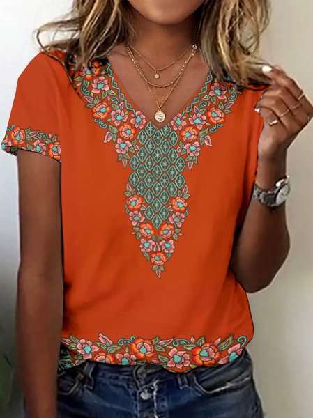 

Casual Floral V Neck Short Sleeve T-shirt, Orange red, T-shirts