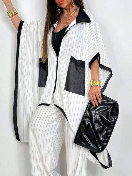 

Urban Raglan Sleeves Irregular Craftsmanship Striped Shawl Collar Kimono, White, Kimonos