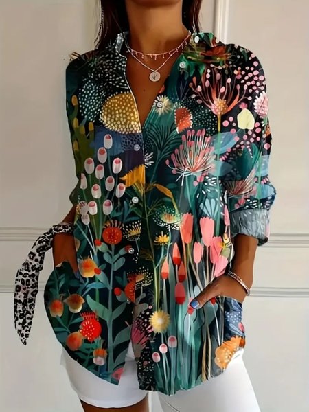 

Shirt Collar Long Sleeve Floral Regular Micro-Elasticity Regular Fit Shirt For Women, Multicolor, Shirts