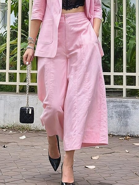 

Linen blend Urban Plain Wide Leg Pants, Pink, Pants