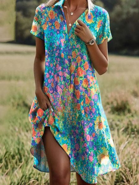 

Women Floral Short Sleeve Summer Dress Shirt Collar Daily Casual Midi A-Line Dress, Green, Dresses