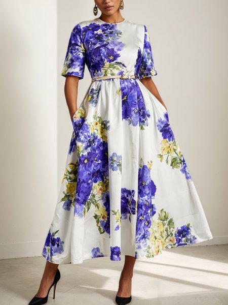 

Elegant Floral Printing Midi Dress No Belt, Purple, Midi Dresses