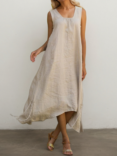 

Casual Plain Square Neck Midi linen-cotton Dress, Oatmeal, Maxi Dresses