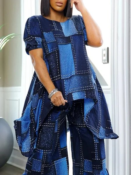 

Casual Faux Denim Print Graphic Printing Crew Neck Puff Sleeve Blouse, Blue, Blouses and Shirts