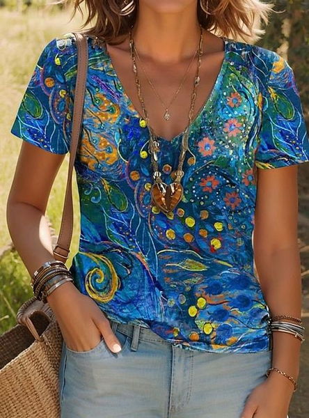 

Women Abstract Short Sleeve Tee T-shirt V Neck Printing Casual Summer Graphic Tee Top, Blue, T-Shirts