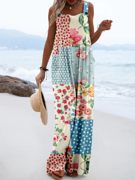 

Women Sleeveless Loose Long Daily Vintage Polka Dots Mid Waist Overall Jumpsuit, Multicolor, Jumpsuits&Rompers