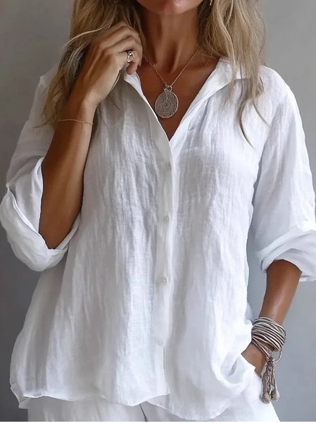 

Cotton Shirt Collar Casual Plain Shirt, White, Blouses & Shirts