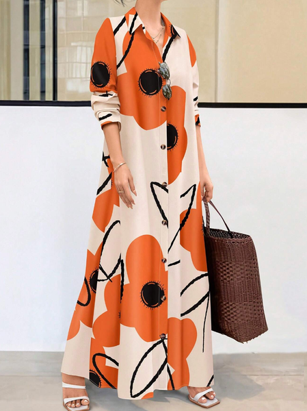 

Casual Floral Printing Shirt Collar Maxi Dress, Orange, Maxi Dresses