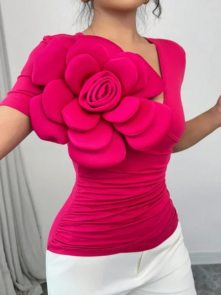 

Urban Plain 3D Floral V Neck T-shirt, Pink, Tees