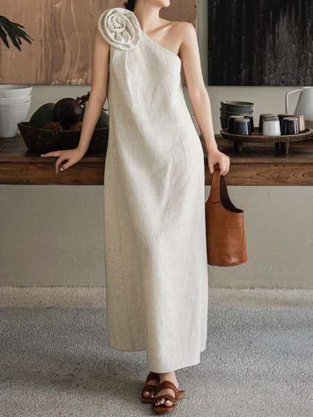 Cotton And Linen Vacation Plain 3D Floral One Shoulder Maxi Dress, As picture, Maxi Dresses