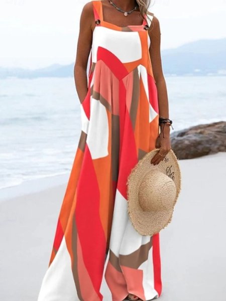 

Women Gallus Square Neck Regular Fit Long Daily Casual Multicolor Block Natural Tank Jumpsuit, Red, Jumpsuits&Rompers