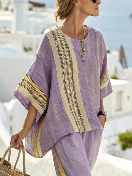 

Casual Striped Printing Crew Neck Raglan Sleeves Blouse, Purple, Blouses and Shirts