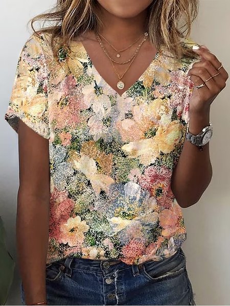 

Casual Floral V Neck Short Sleeve T-shirt, As picture, T-shirts