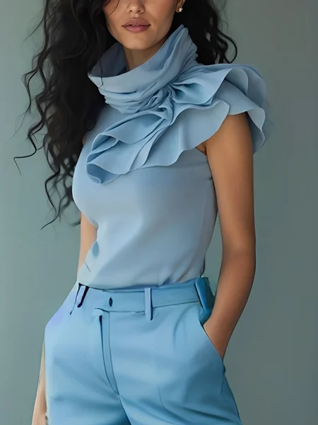 

Cotton Elegant Plain Peplum Turtleneck Raglan Sleeve Blouse, Blue, Blouses and Shirts