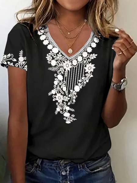 

Casual Floral V Neck Short Sleeve T-shirt, Black, T-shirts