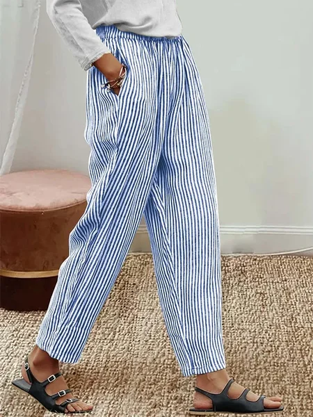 Women Striped Long Pant Casual Spring/Fall Trousers, Blue, Pants