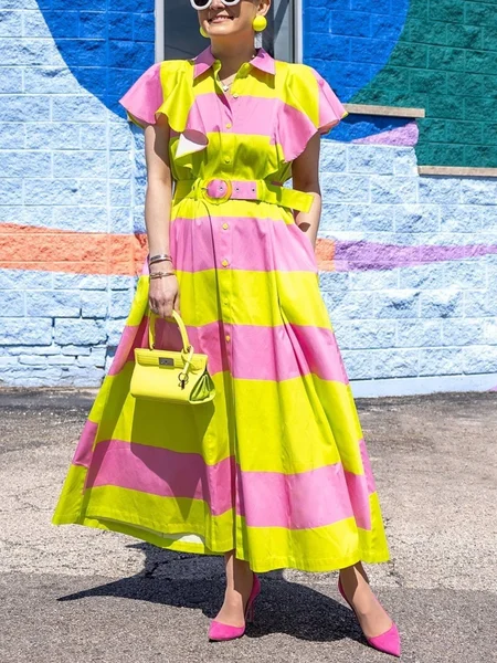 

Urban Striped Ruffle Sleeve Printing Shirt Collar Maxi Dress With Belt, As picture, Maxi Dresses