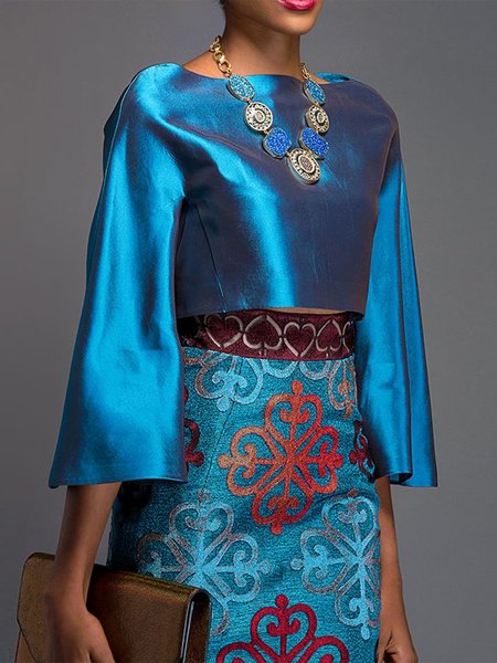 

Satin Elegant Plain Off The Shoulder Raglan Sleeve Blouse, Blue, Blouses and Shirts