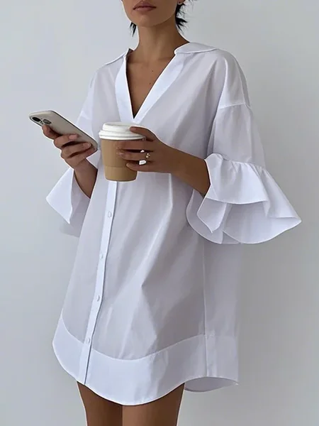 

Casual Plain Peplum V Neck Mini Dress, White, Mini Dresses