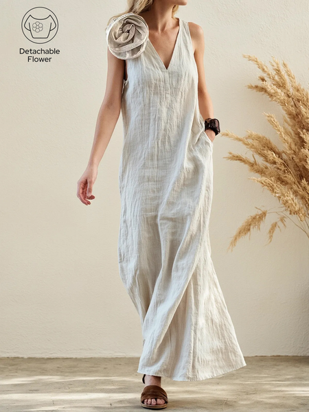 

Casual Plain 3D Floral V Neck linen-cotton Maxi Dress, Oatmeal, Maxi Dresses