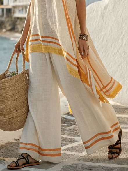 

Vacation Striped Printing Fashion Pants, Yellow, Pants