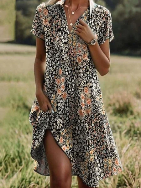 

Women Floral Shirt Collar Short Sleeve Comfy Casual Midi Dress, Brown, Dresses