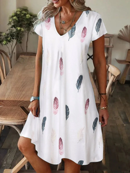 Women Feather Pattern V Neck Short Sleeve Comfy Casual Maxi Dress, As picture, Dresses