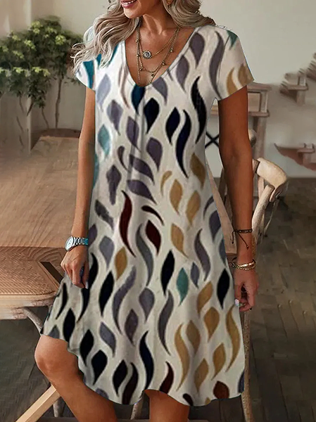 

Women Abstract Short Sleeve Summer Printing Dress V Neck Daily Casual Knee Length T-Shirt Dress H-Line Dress, As picture, Casual Dresses