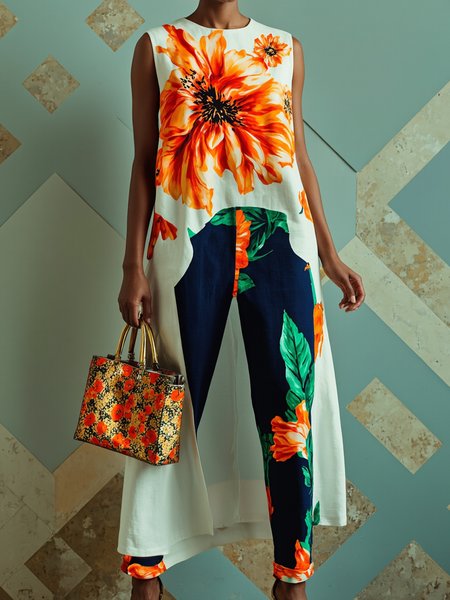 

Jersey Casual Floral Printing Crew Neck Tank Top, Orange, Tanks and Camis